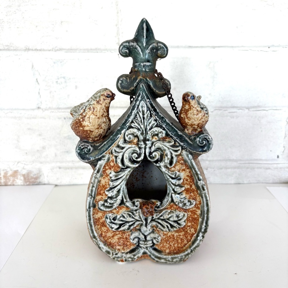 Decorative Hanging Ceramic Birdhouse with Birds